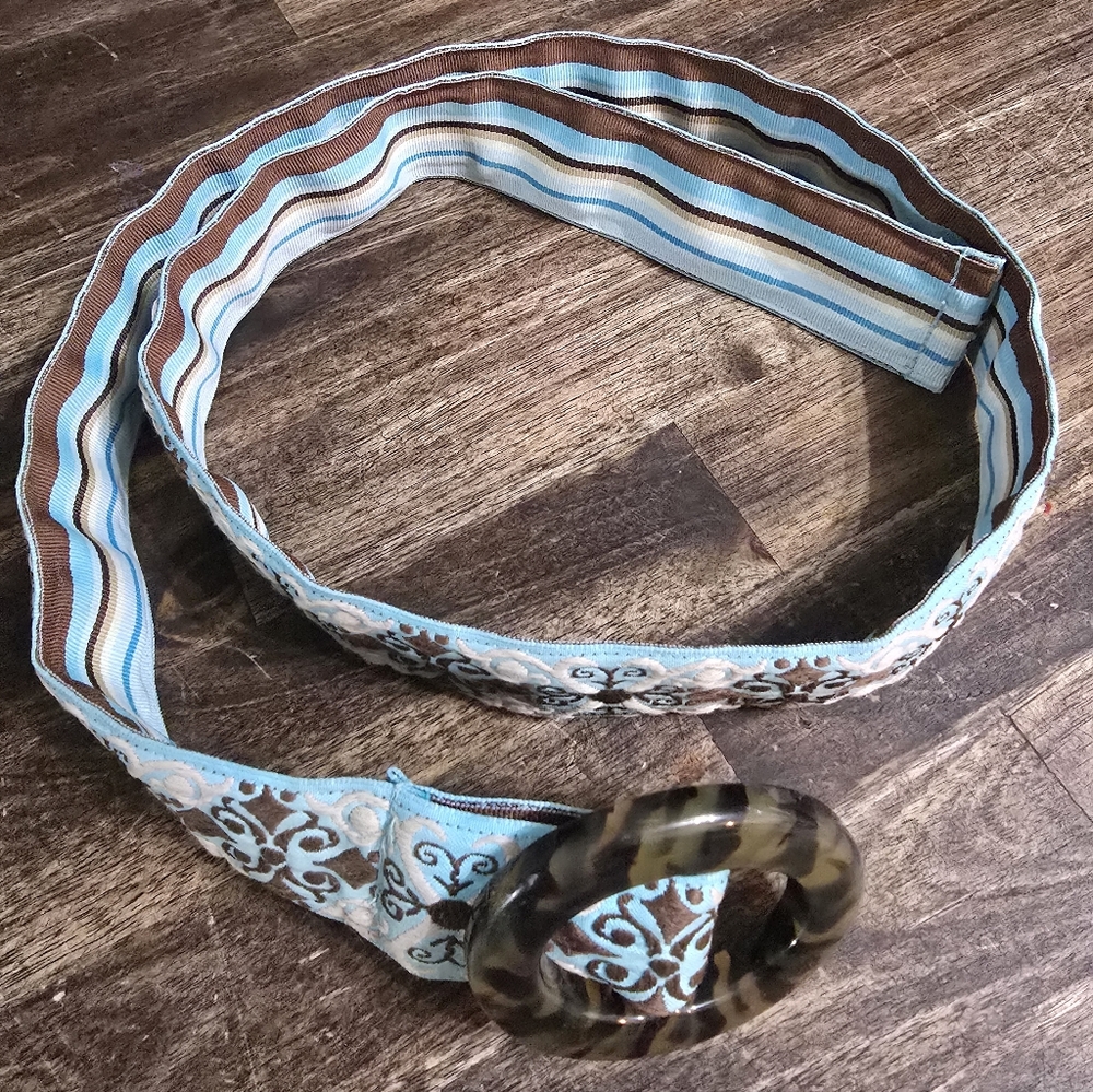 Striped Blue and Brown Belt with Tortoise Shell Buckle